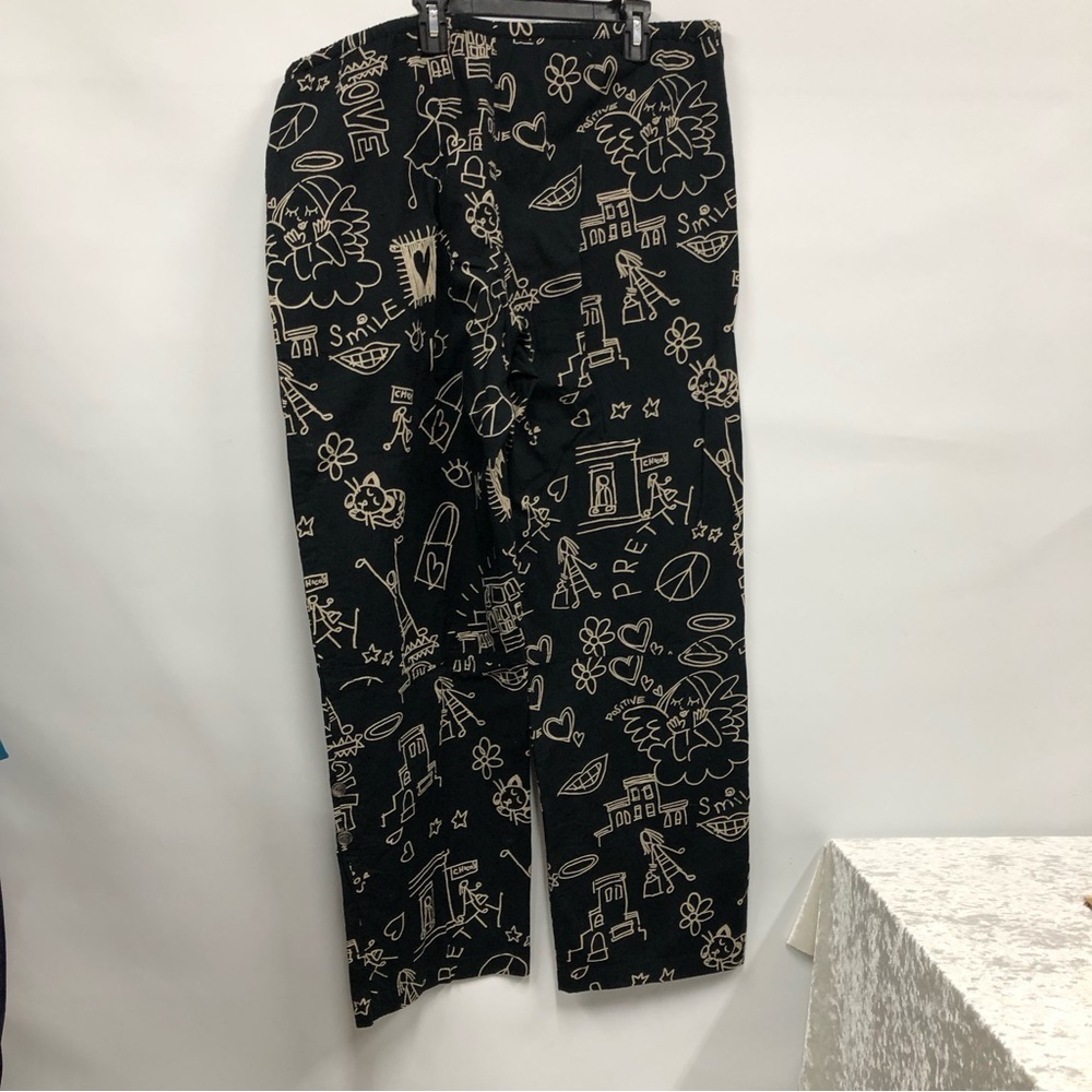 Chico’s design size 2 black novelty print pants huge pockets drawstring cat